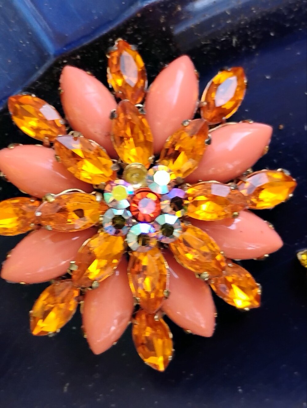 Sparkling Coral and Amber Flower Brooch - Women Jewelry